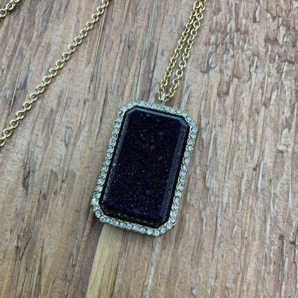 Kate Spade Night Sky Blue Emerald Cut Rectangle Pendant Gold Tone Chain Necklace